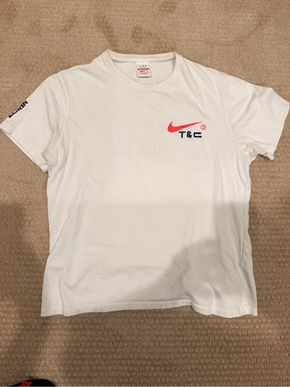 Nike White Short Sleeve Tee with Red Swoosh and Navy T&C